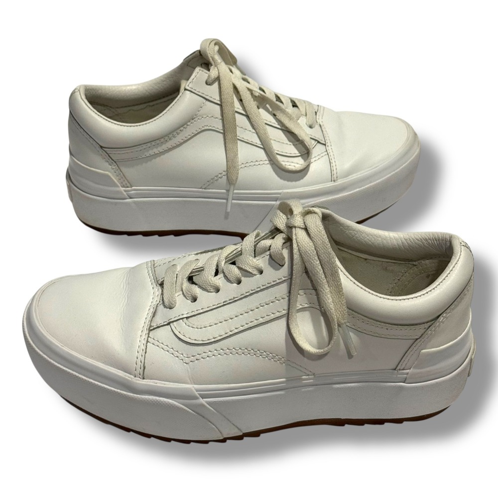 Vans Old Skool Stacked White Leather Platform Sneakers Womens 7.5